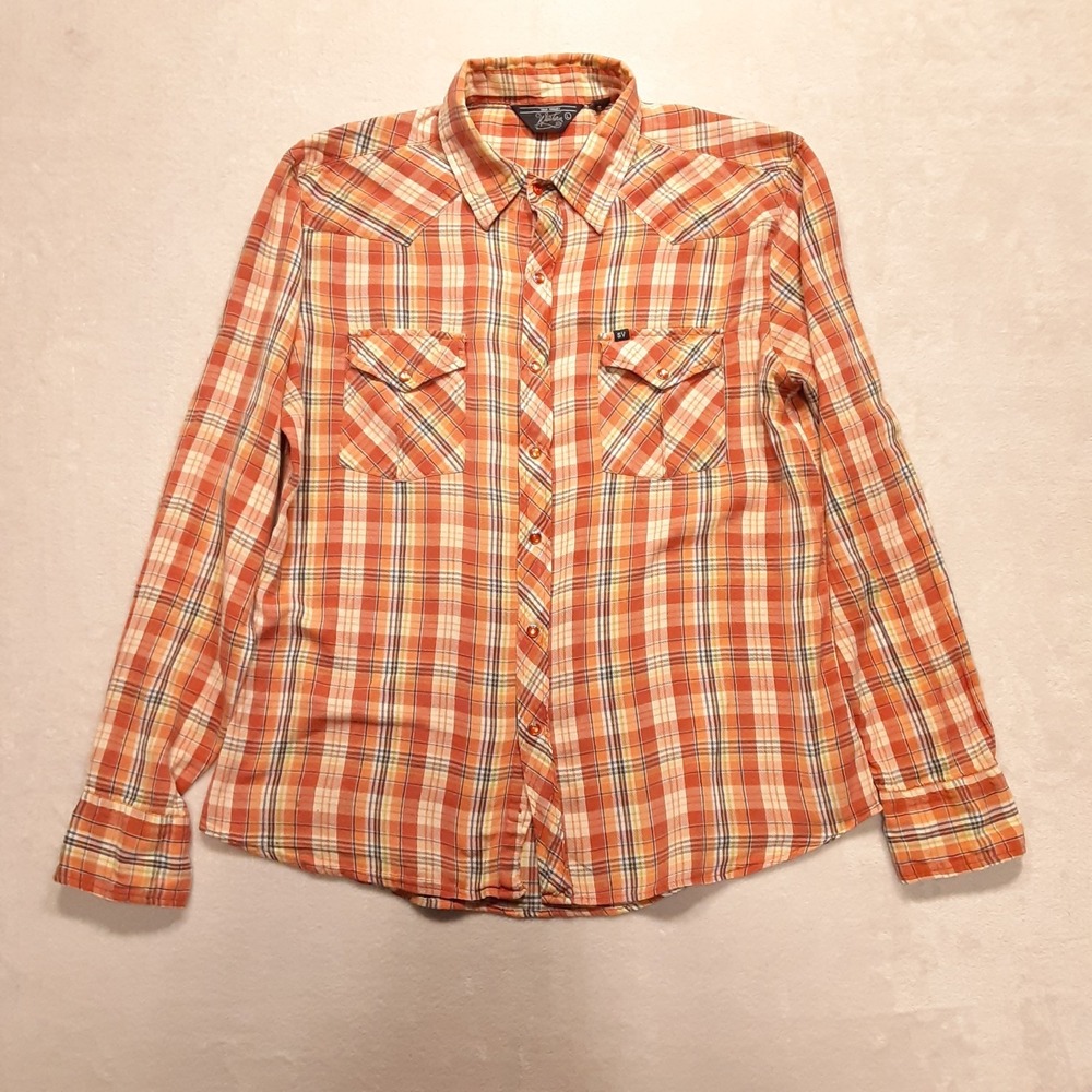 Salt Valley Western Mens Long Sleeve Pearl Snap Shirt Large Orange Blue Plaid